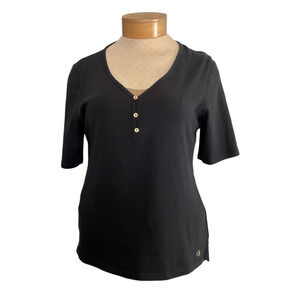 Calvin Klein Women’s Black V-Neck Top Medium Large Short Sleeve Button Accent